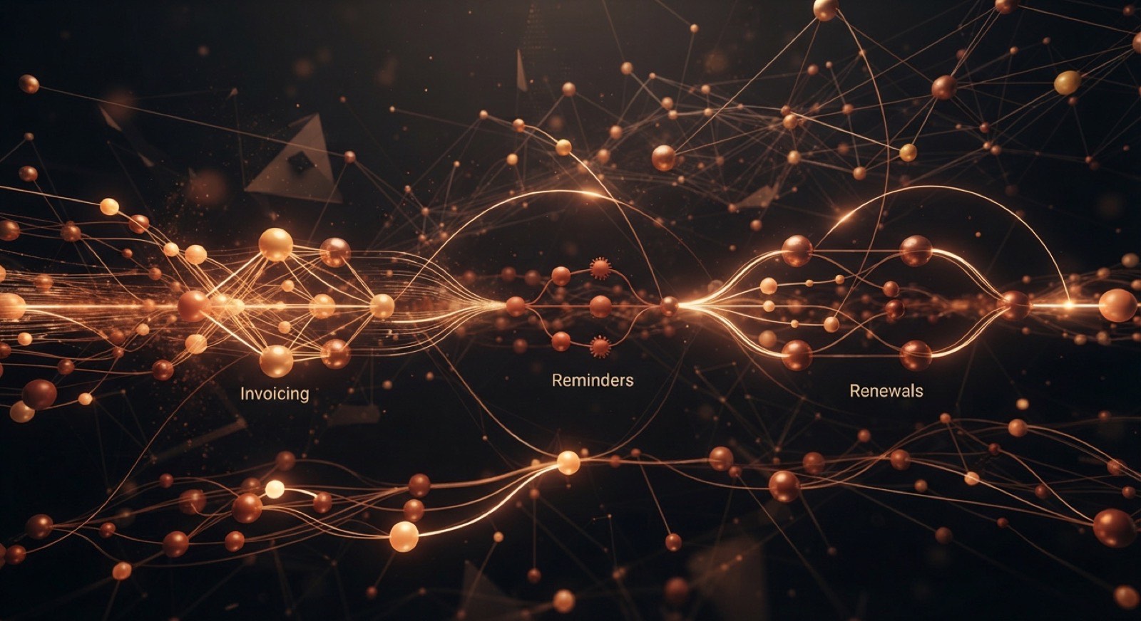 Abstract visualization of automated business workflows — invoicing, reminders and renewals firing across a network of glowing amber nodes