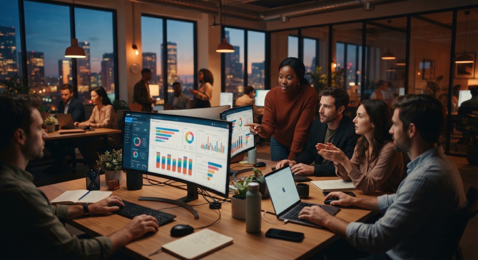 Sales and customer-success team collaborating around CRM pipeline dashboards in a warm modern office at dusk