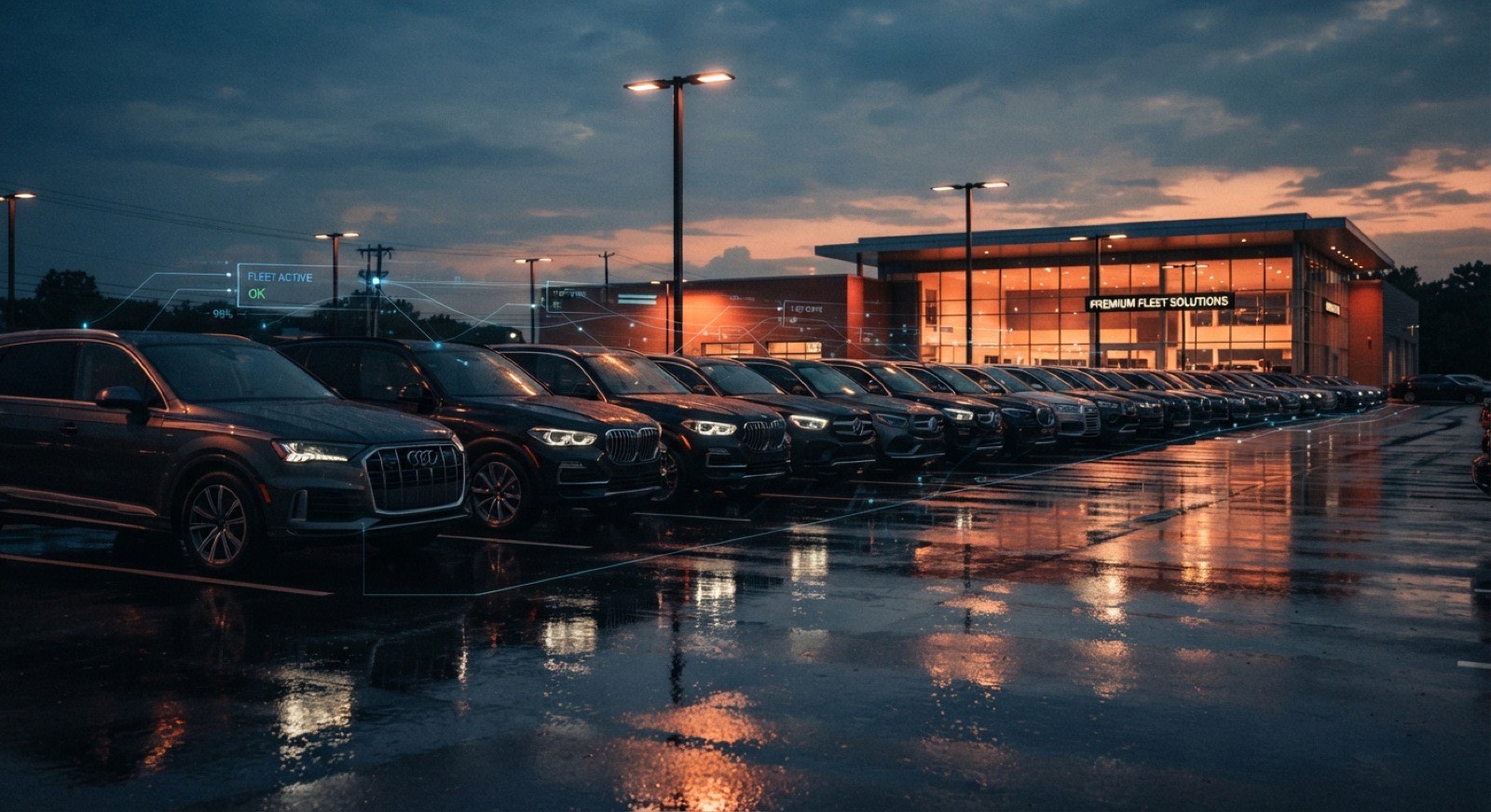 Row of service vehicles parked in a fleet yard at golden hour