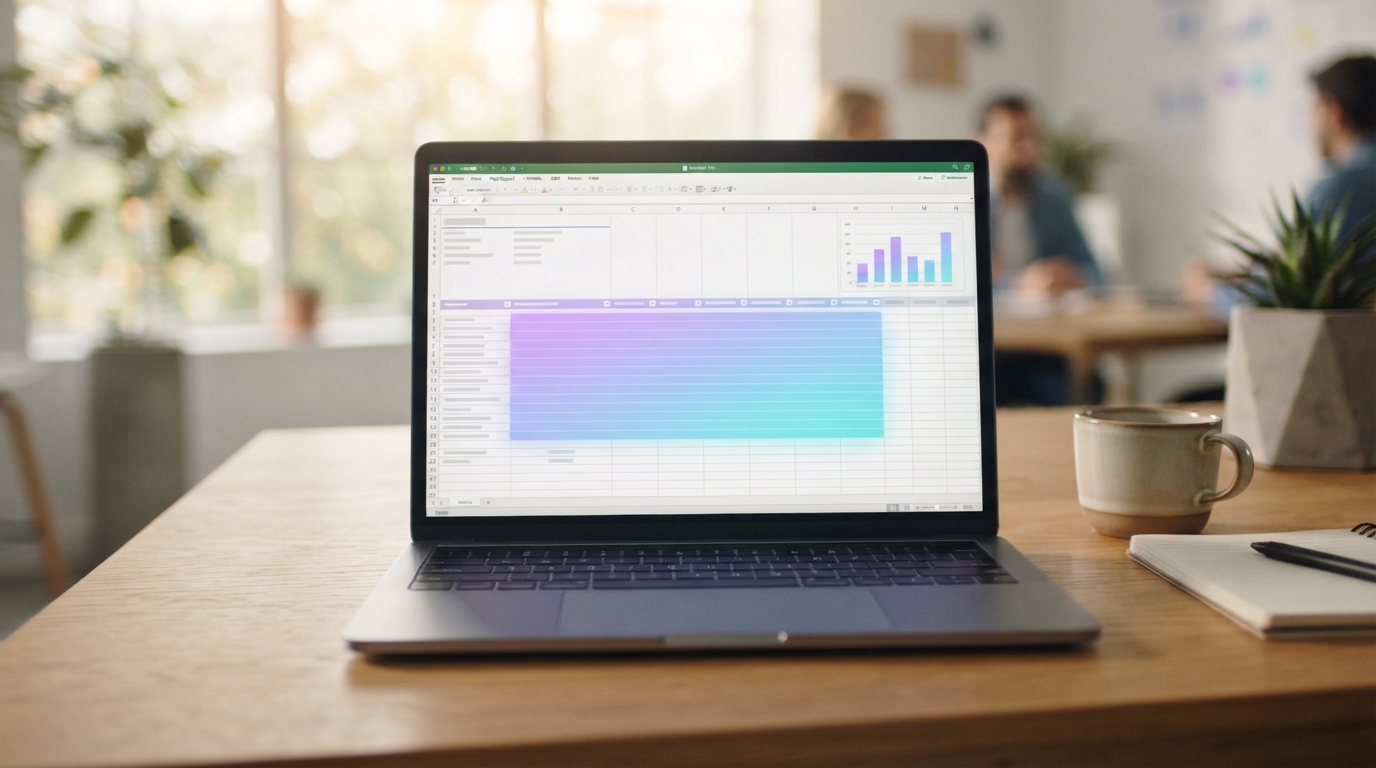 A laptop on a desk showing a spreadsheet with a row range highlighted in a violet-to-cyan gradient and a small bar chart
