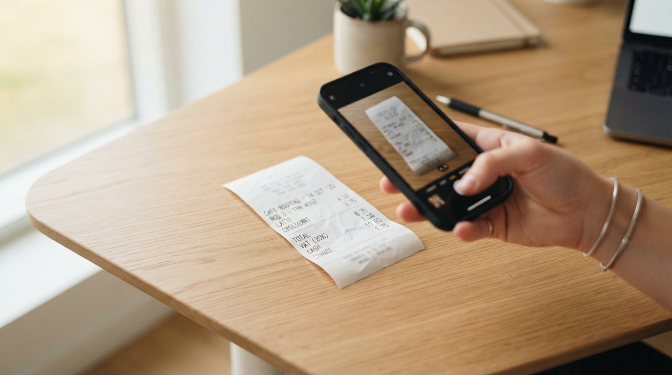 A hand photographing paper receipts with a smartphone, with the InstaClaim app auto-building an itemised expense claim form on screen