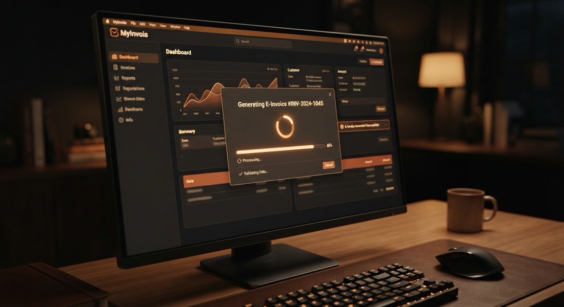 MyInvois e-invoice being generated on a monitor with warm amber interface glow