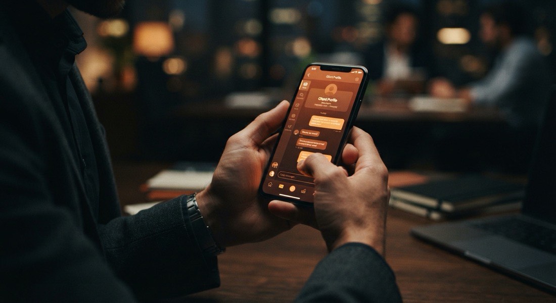 Hands holding a smartphone showing a CRM customer profile with warm amber screen glow