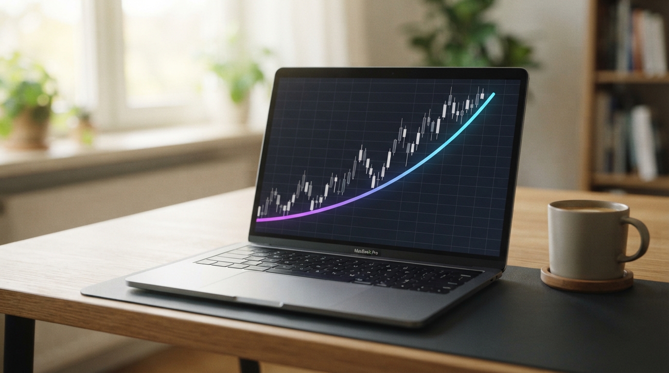 A laptop on a desk showing a stock candlestick chart with a violet-to-cyan gradient trend line trending upward