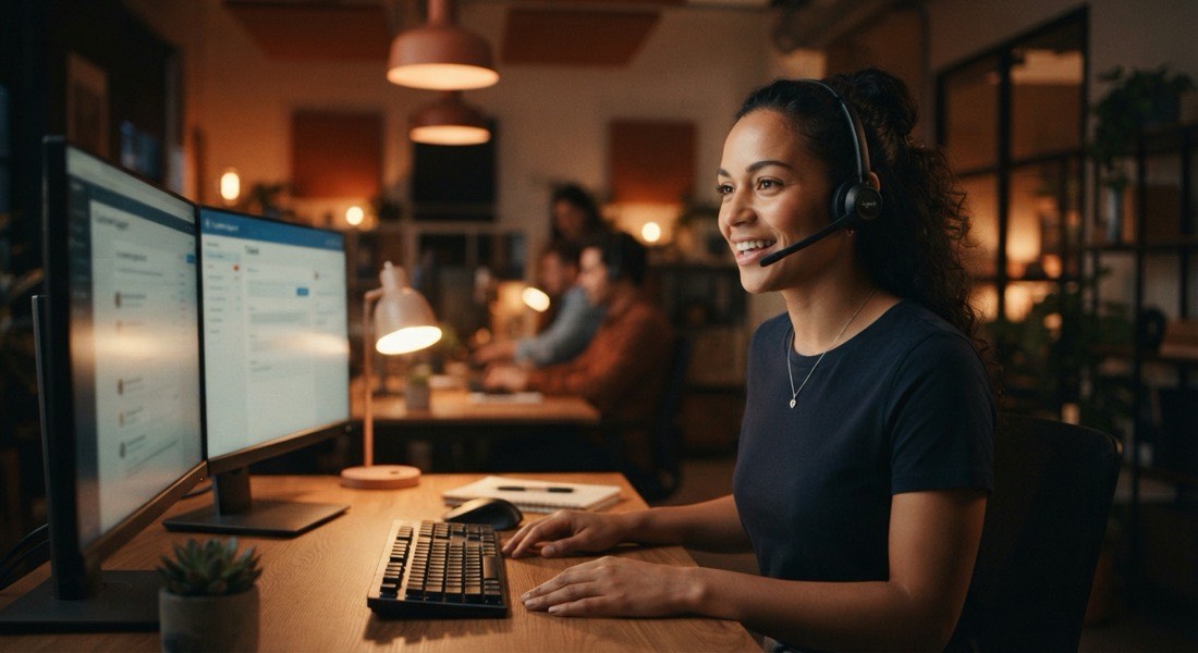 Customer-support agent with a headset at a desk in a warm modern office