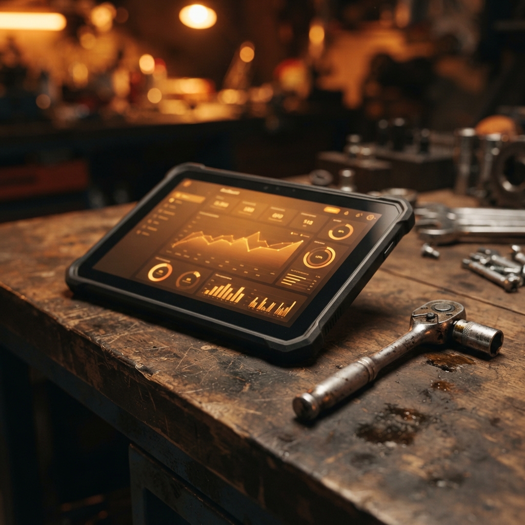 Rugged tablet on a workshop counter showing an amber CRM dashboard next to a wrench