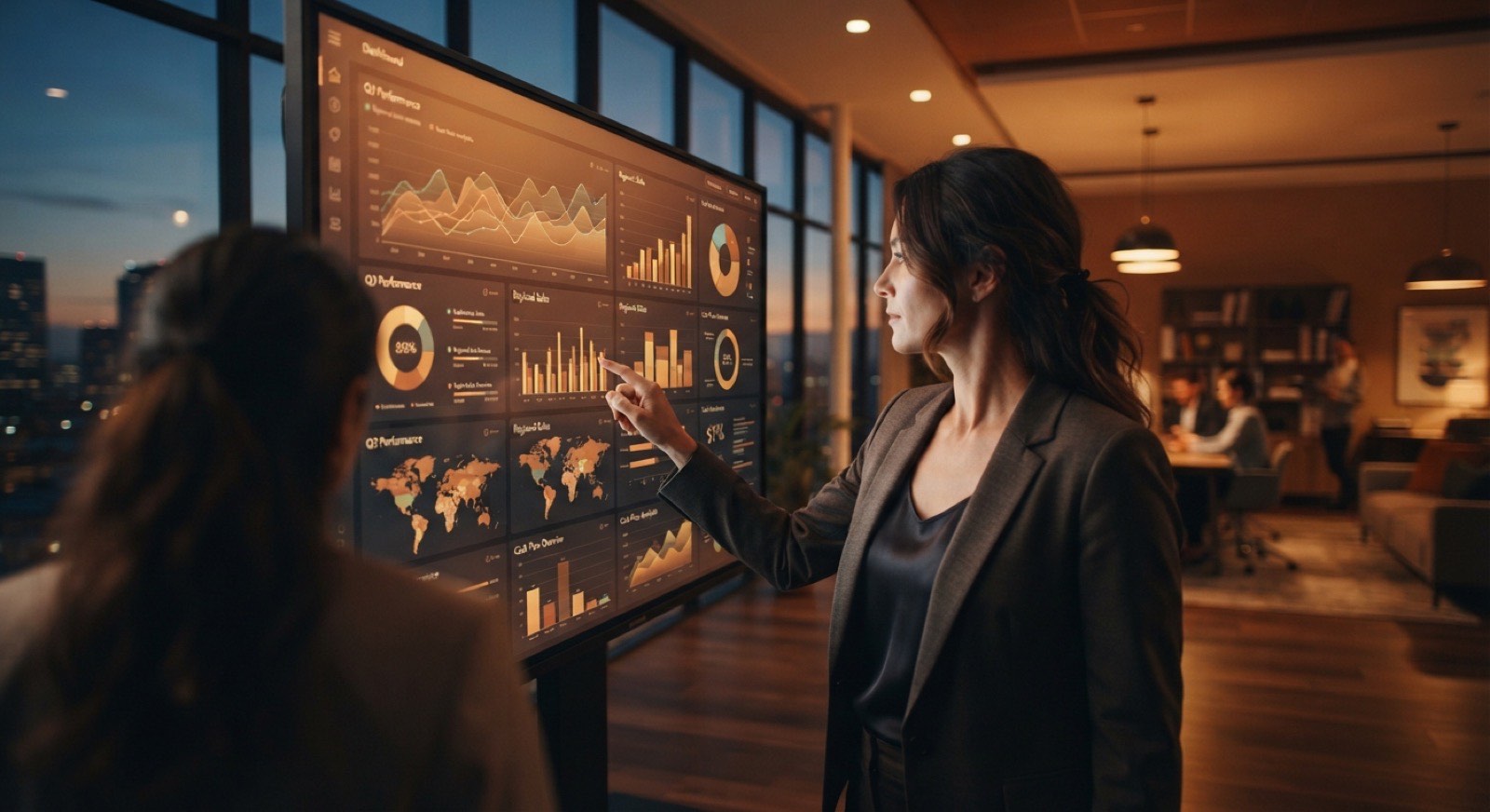 Professional reviewing a large interactive business dashboard of sales, revenue and cashflow analytics in a warm modern office at dusk