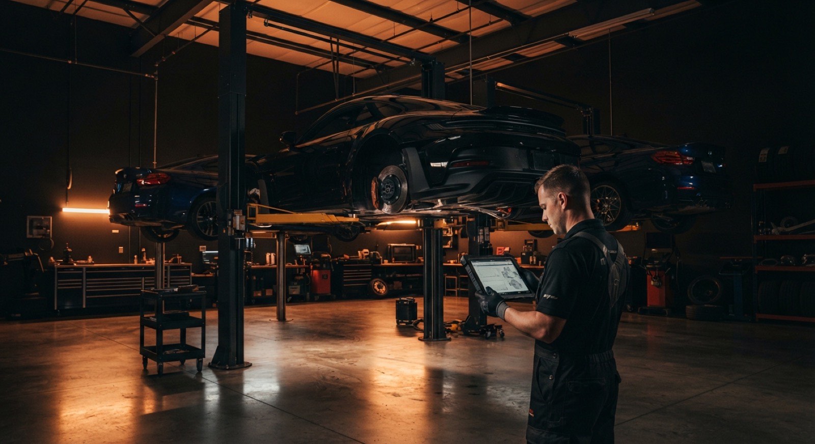 Automotive workshop bay with a car on a lift and technicians working