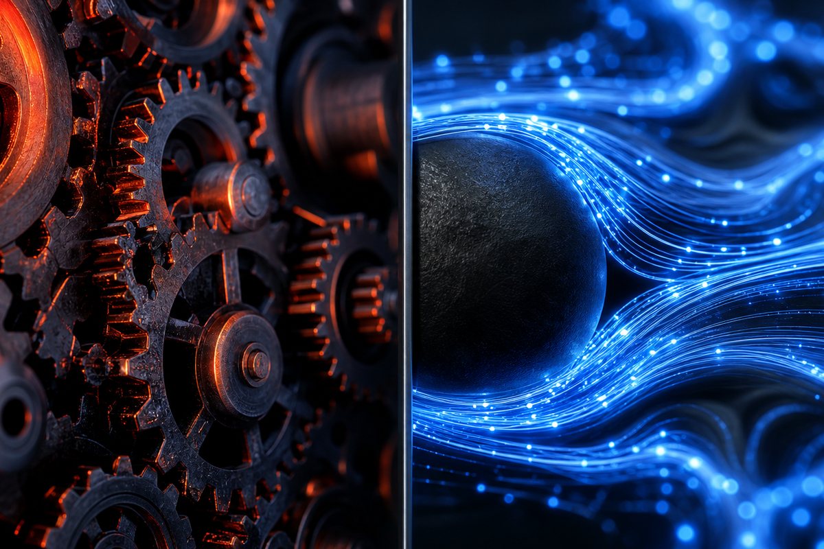 A jammed mechanical gear train beside a fluid neural pathway flowing around an obstacle