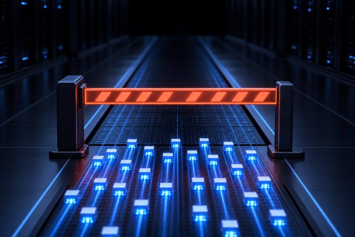 A closed barrier gate halting a data pathway, the route beyond it dark