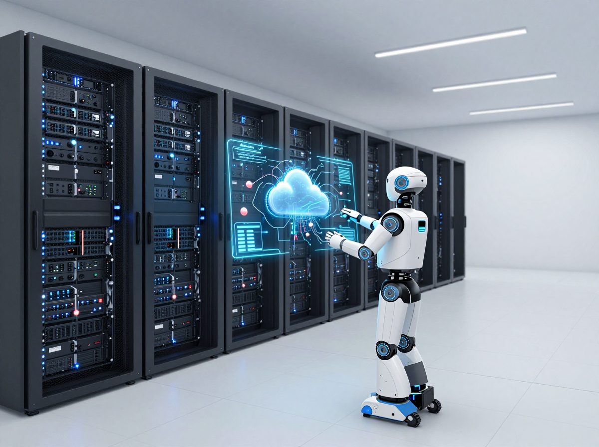 A cloud AI data center with glowing server racks and a holographic network dashboard