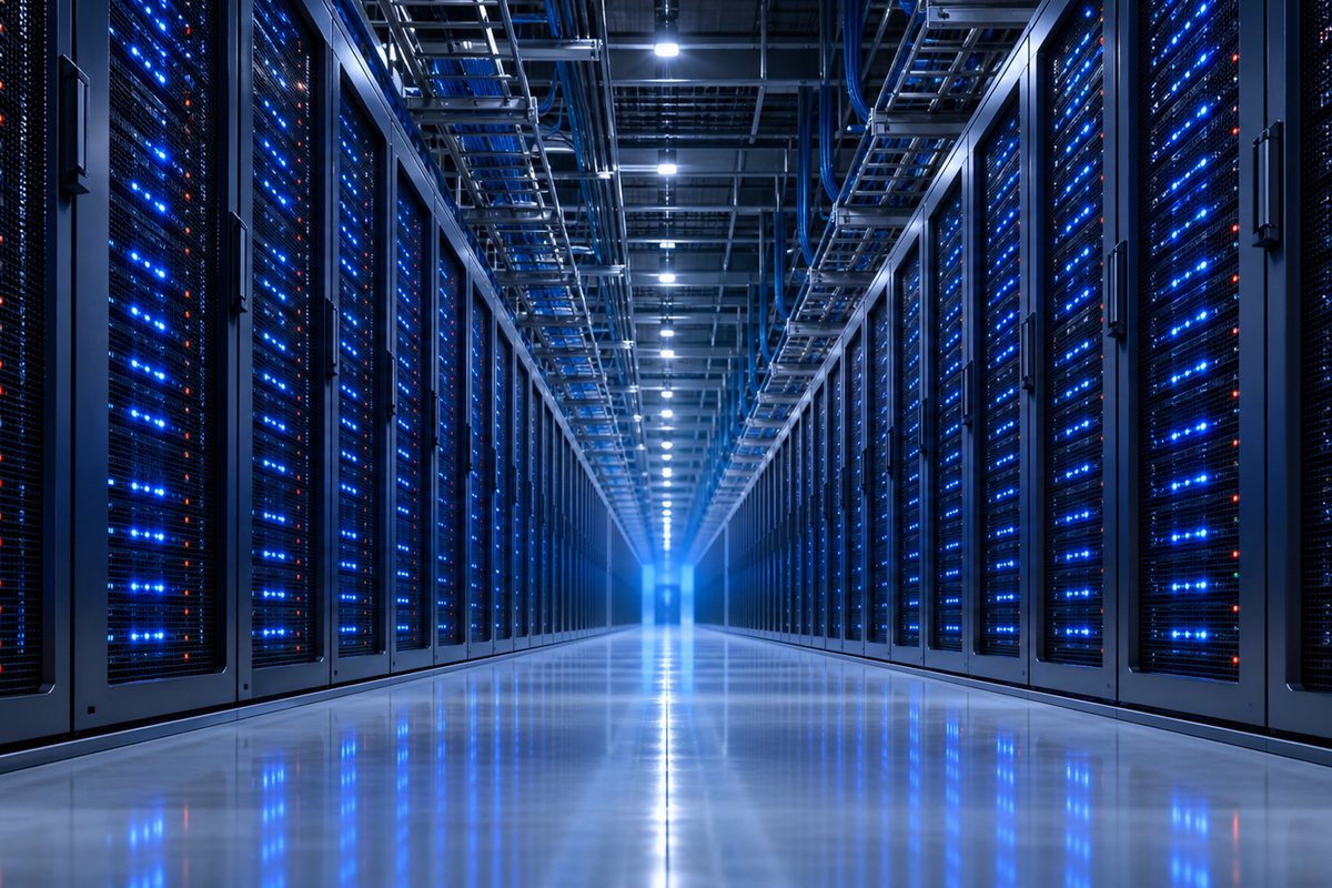 A hyperscale data centre hall with racks receding into blue haze