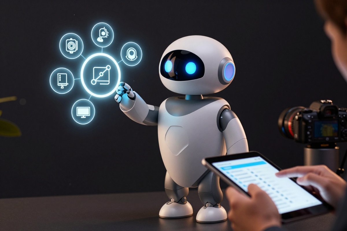 A robot reaching toward a ring of floating tool and system icons, a human hand nearby holding a tablet checklist