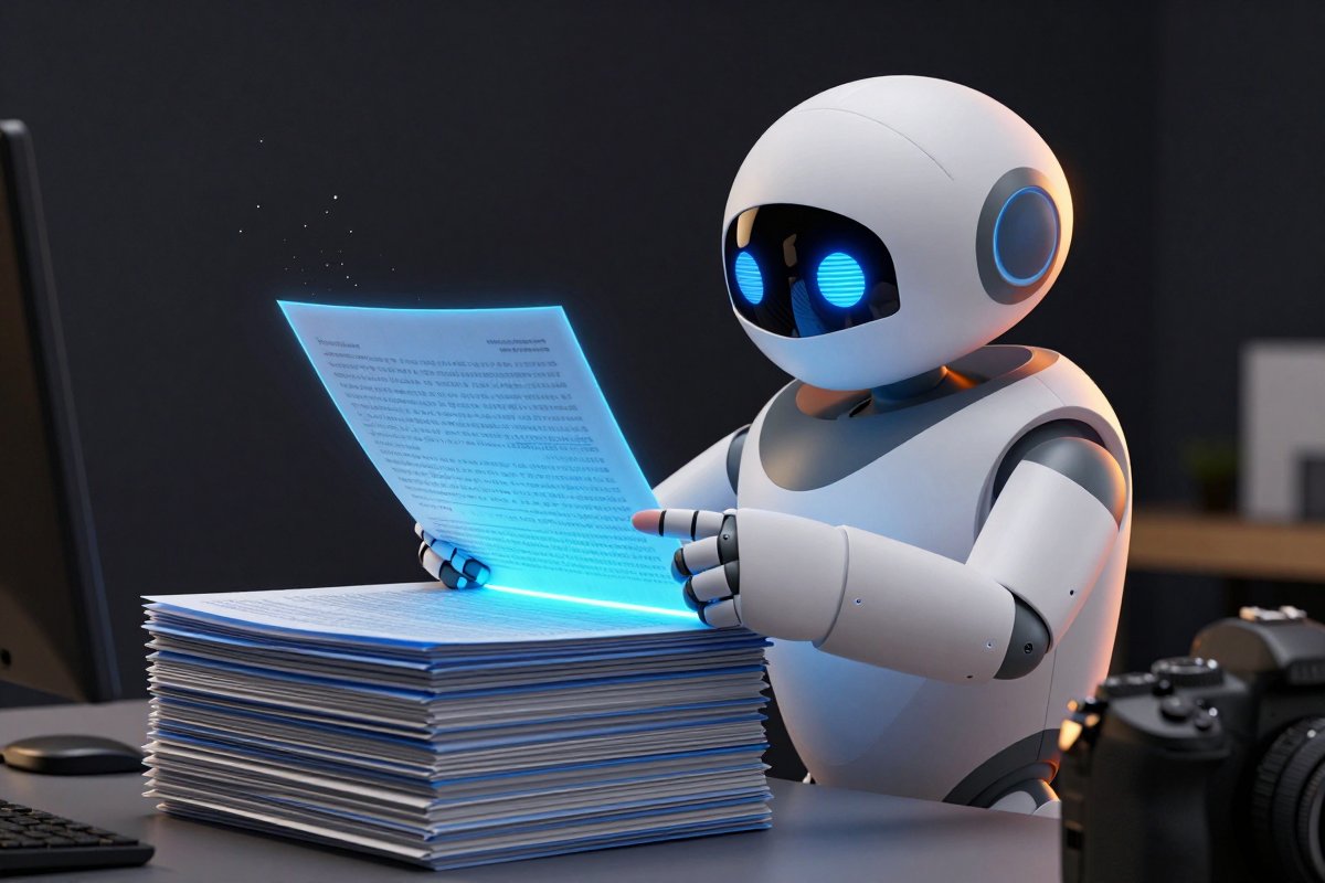 A robot pulling one exact glowing document page into focus from a tall fanned stack, a human hand pointing at the highlighted line