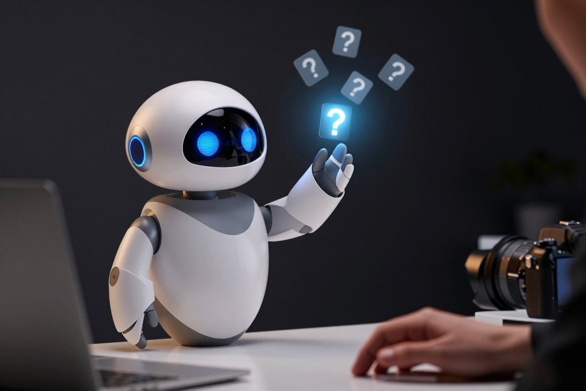 A robot pulling one glowing question token into focus from a floating cloud