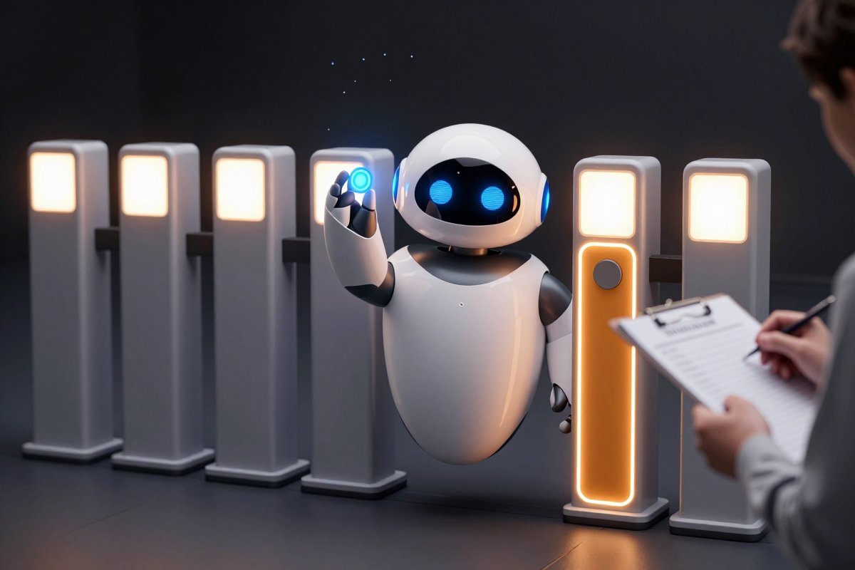 A robot checking a token through six gates, the sixth holding it back