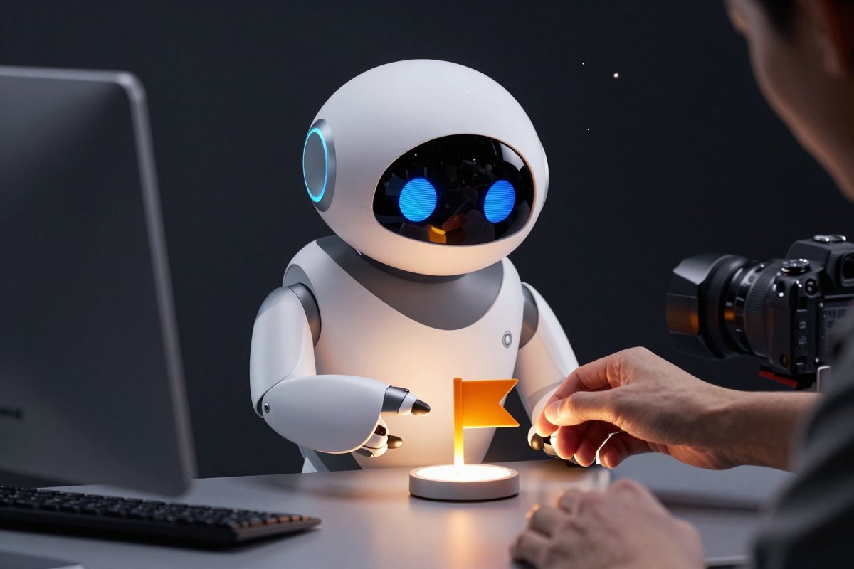 A robot lifting a flagged token onto an inspection stand for review