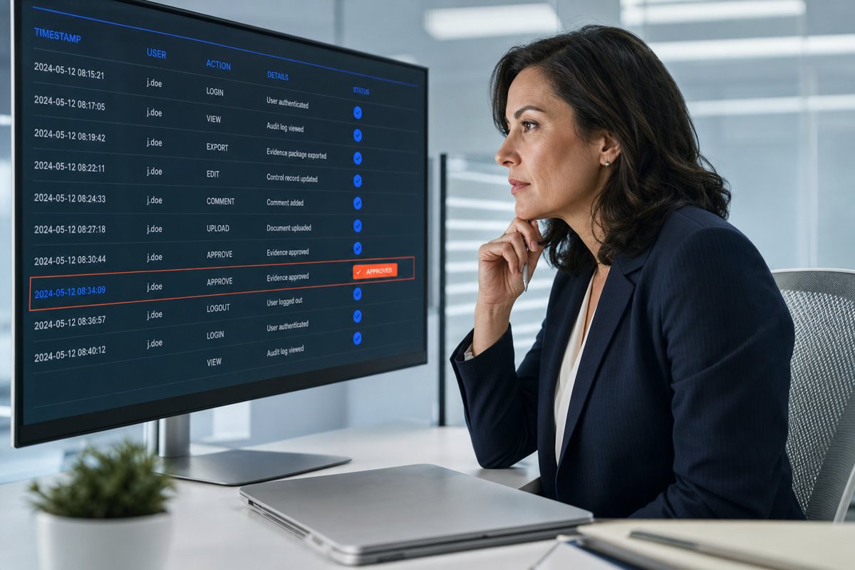 A compliance officer reviewing an AutoServa evidence trail on screen