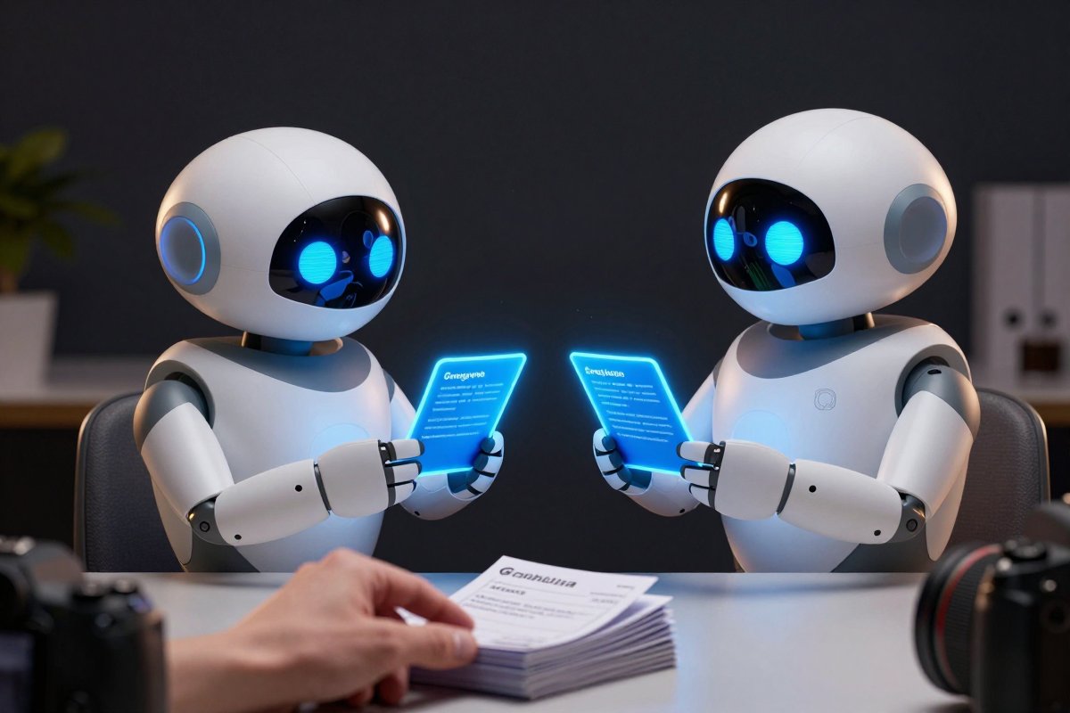 Two robots matching pairs of glowing document tokens on a table