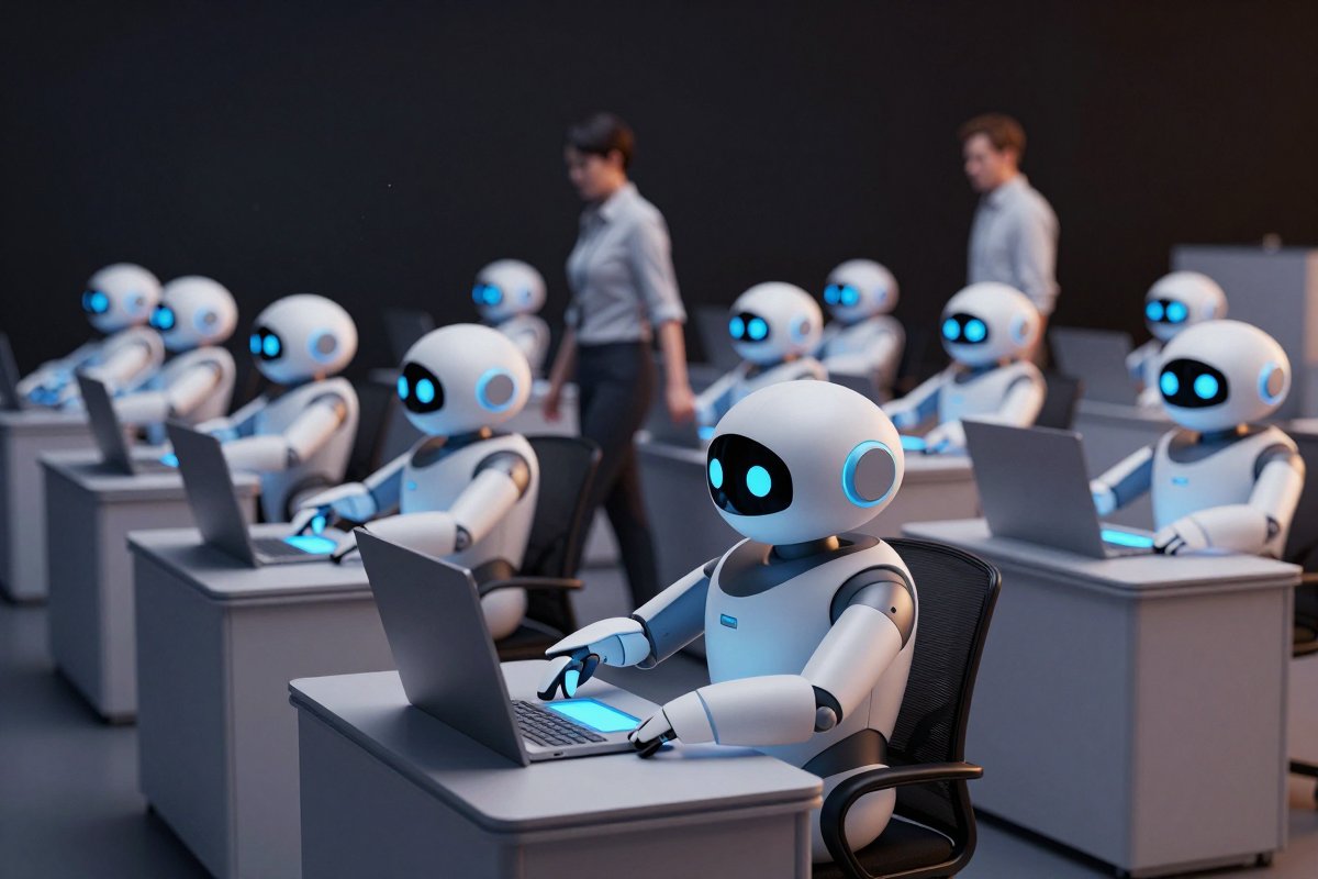 Many robots each tending their own glowing workflow station in neat rows