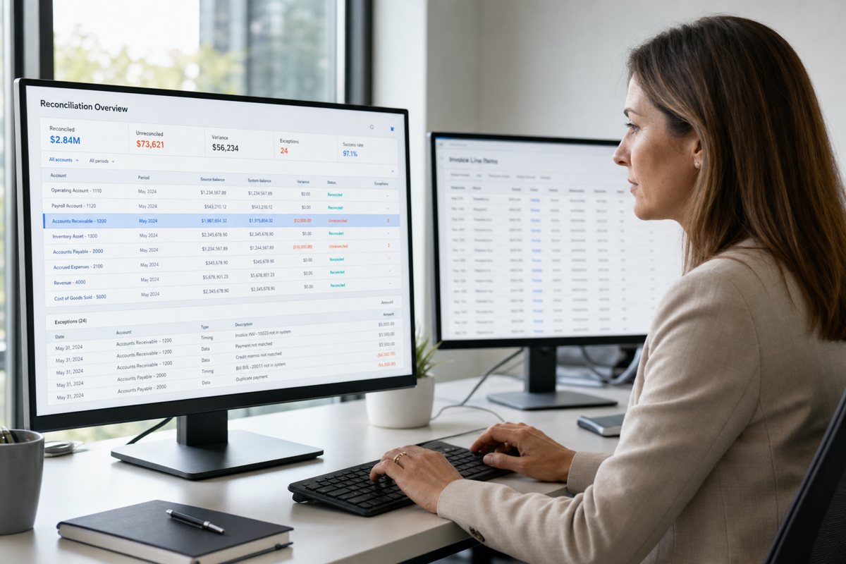 A finance team reviewing a reconciliation pack on a bright office screen