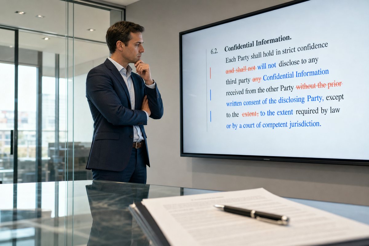 A legal counsel reviewing a redlined contract clause on screen