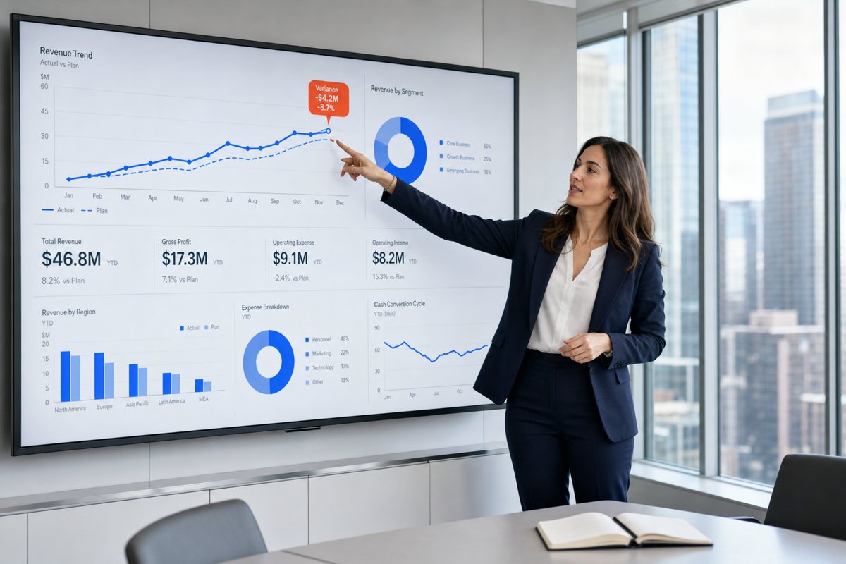 An analyst building a management report with every figure reconciled to source
