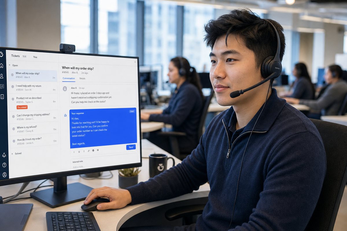 A service desk agent working a support ticket with a diagnosis already attached