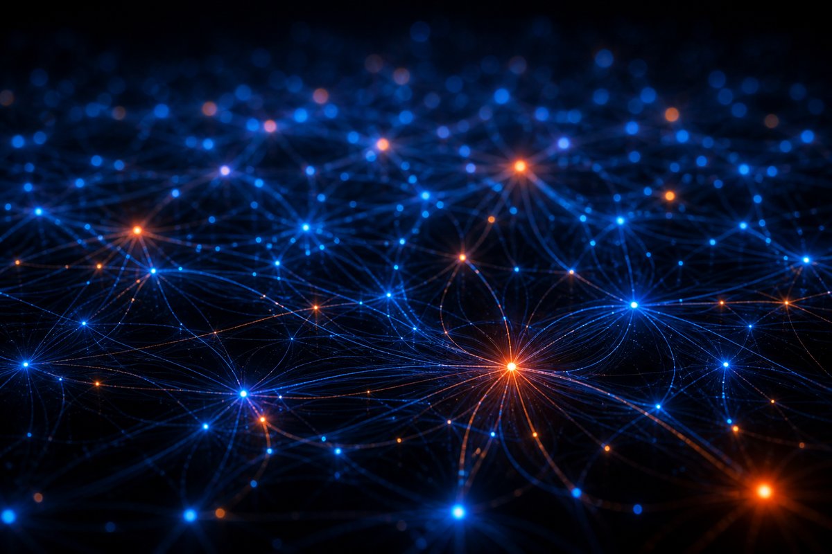 A three-dimensional knowledge graph of luminous nodes converging at a dense centre