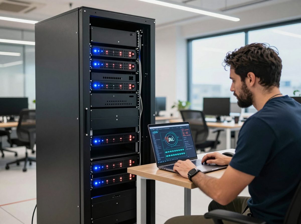 A local, on-premise AI server rack inside a private office