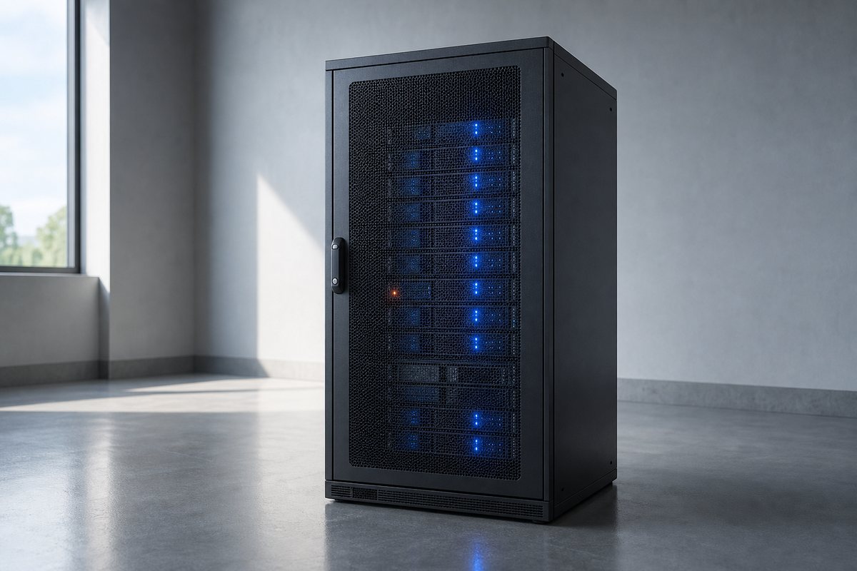 A single compact server rack standing alone in a clean private office room