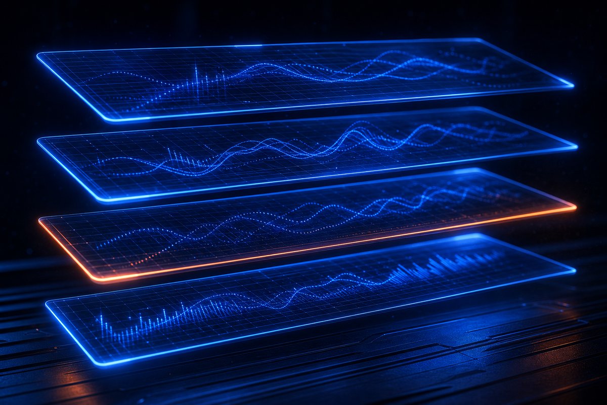 Several enterprise system dashboards on adjacent screens, linked by glowing connection lines