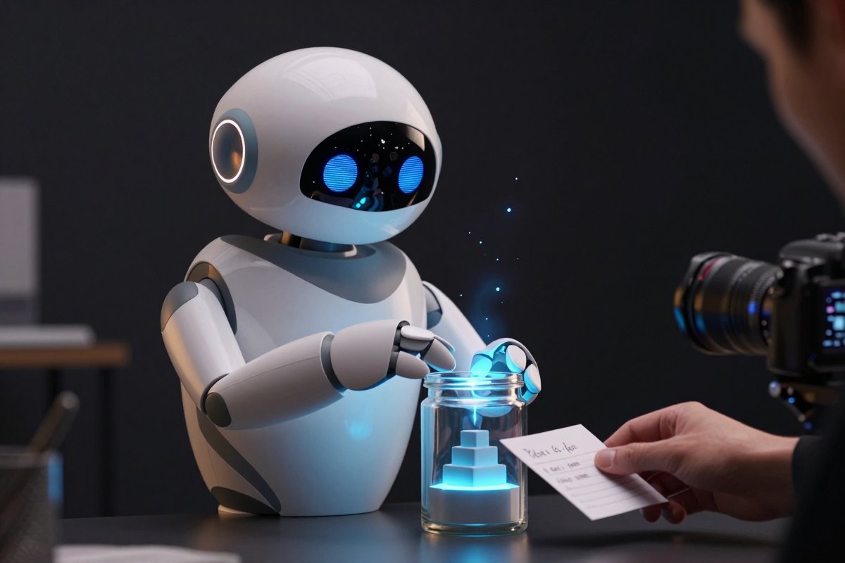 A robot placing glowing wisps of information into a jar as solid blocks