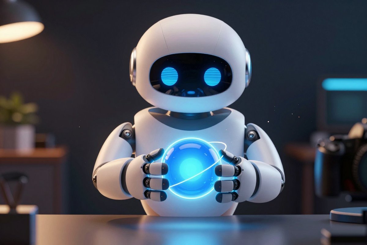 A robot polishing a glowing core orb as rings of light tighten around it