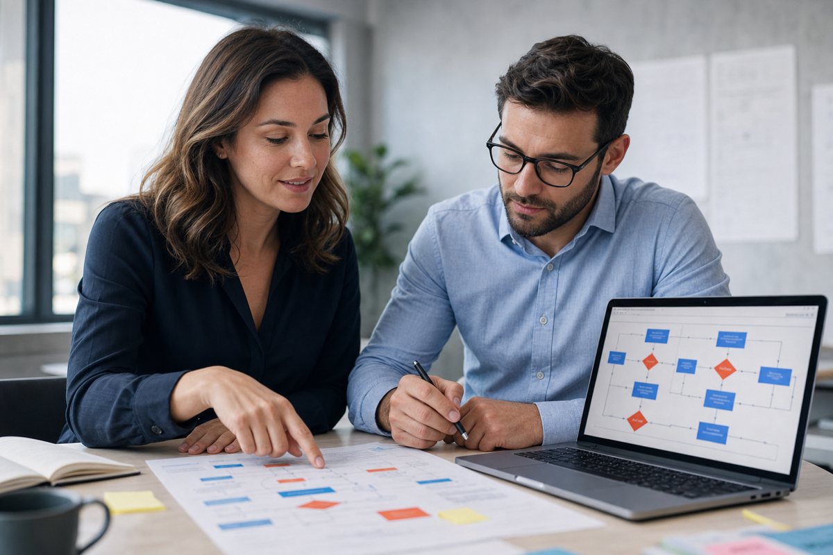 A process owner and a VYROX engineer reviewing a decision framework together on screen