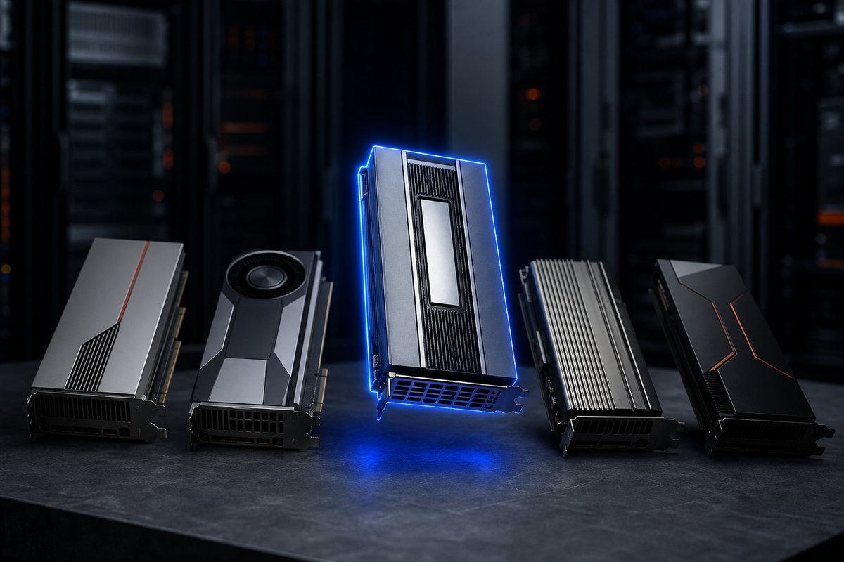 Several AI accelerator cards in a row, one lifted and rim-lit to indicate selection